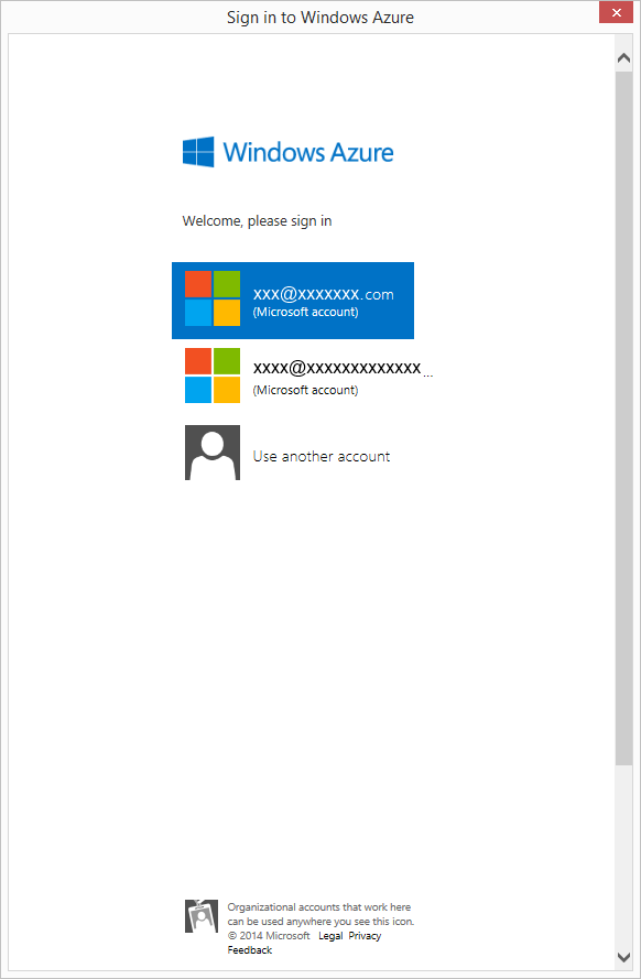 Sign in to Windows Azure window showing different Microsoft accounts to choose from.