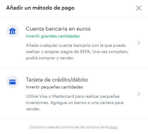 Coinbase Método de Pagos