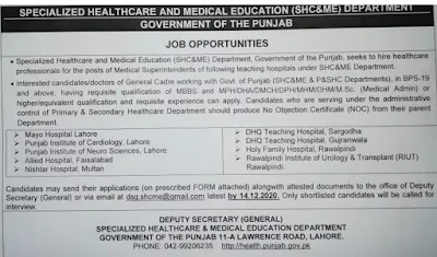 Job opportunities in Specialized Healthcare and Medical Education Department, Punjab