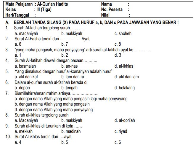 Contoh Soal Al-Quran Hadits Kelas 3 MI Semester 1