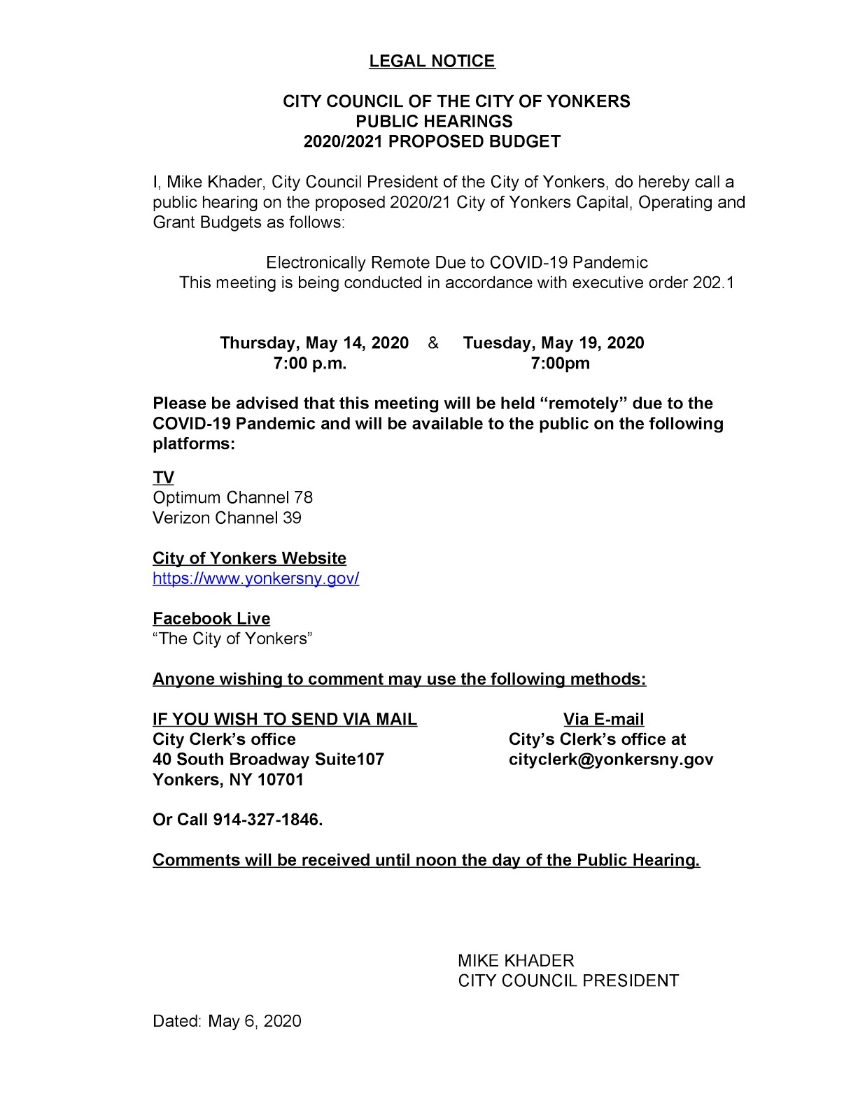 City of Yonkers Legal Notice.