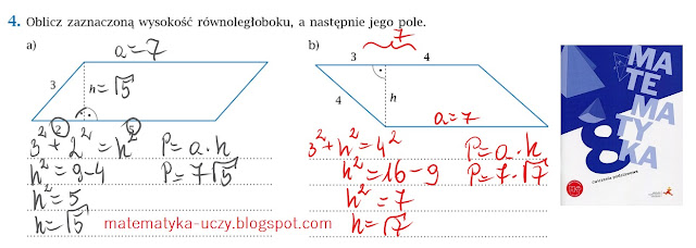 ćw. 4, 5 i 6 str. 37 "Matematyka z plusem 8" - zastosowanie Twierdzenie Pitagorasa (zeszyt ćwiczeń podstawowych)