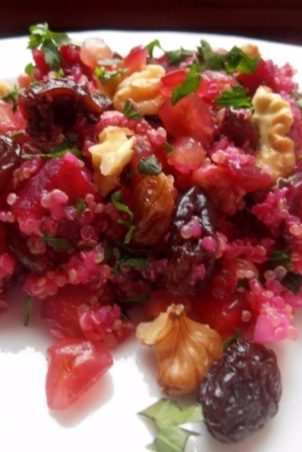 salad, quinoa, vegan, beetroot, raisins, walnuts, healthy, recipe, recipes