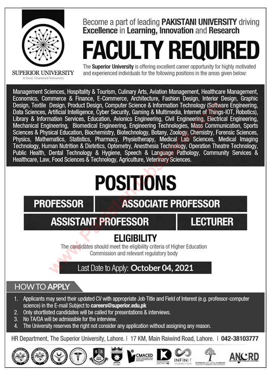 Teaching Faculty Jobs in Superior University Lahore 2021 in pakistan new updates