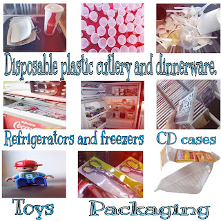 This image shows uses of polystyrene in making disposable plastic cutlery and dinnerware,cd cases,toys,in refrigerators and freezers.