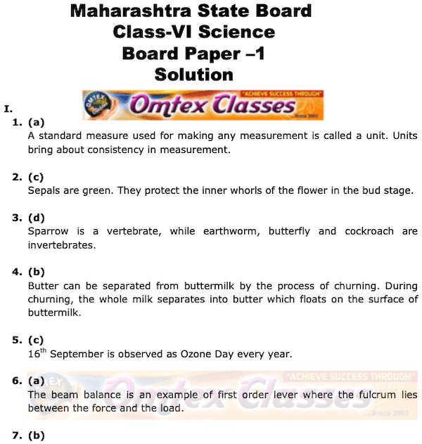 OMTEX CLASSES Class 6 Science Board Question Papers Board Question