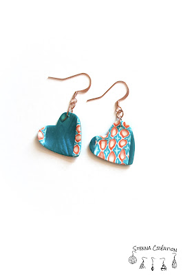 Boucles oreilles pâte polymère canne géométrique Mica Shift turquoise corail blanc Sculpey Cernit Fimo Stenna