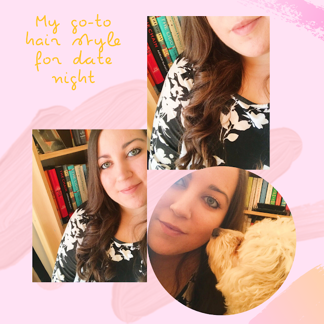 collage with pink background and text. Selfie of me, closeup of curly hair and photo of me and Bear