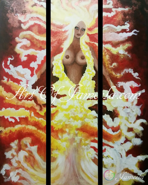 Goddess of Fire Painting by Jameela symbolizing transformation and renewal. Art of Jameela.