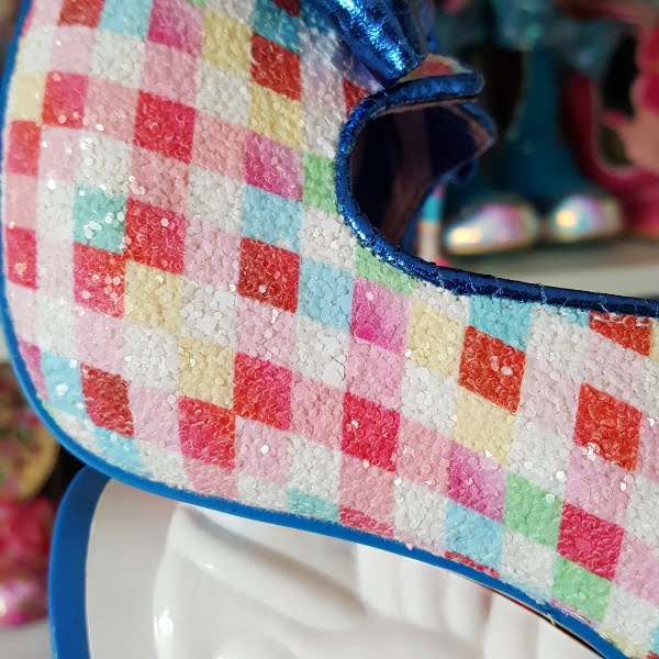 colourful glitter gingham uppers of shoe close up