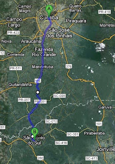 Mapa da Rota de Curitiba - PR até São Bento do Sul - SC