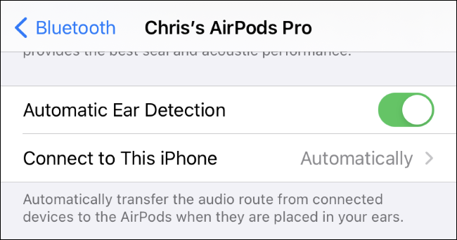 إعدادات "الاتصال بجهاز iPhone هذا" لأجهزة AirPods.