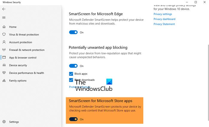 Отключить SmartScreen для приложений Microsoft Store