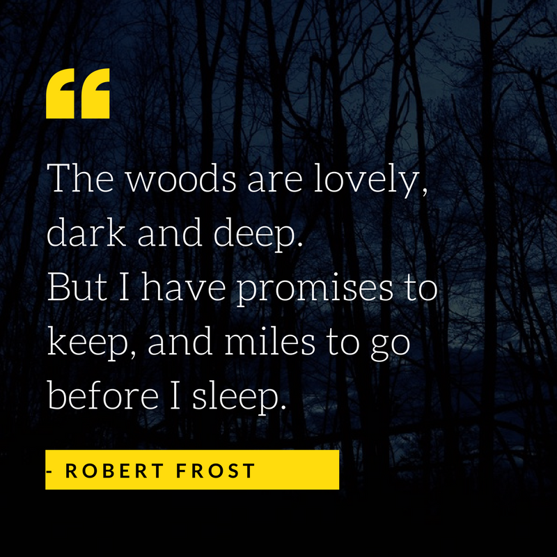 The woods are lovely, dark and deep. But I have promises to keep, and miles to go before I sleep.- Robert Frost