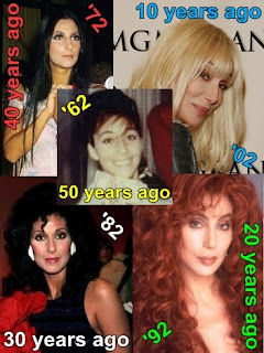 Cher in 1962; 1972; 1982; 1992; and 2002