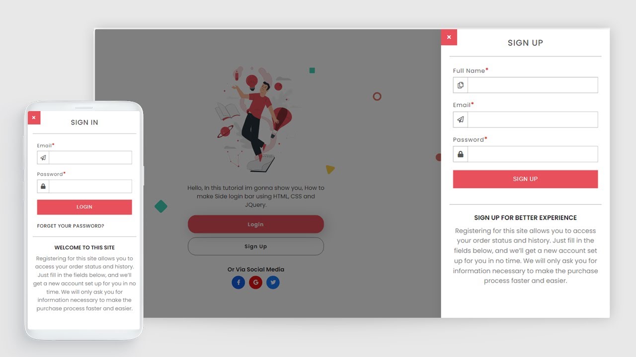 How To Create Side Login And Sign Up Form Bar Using HTML