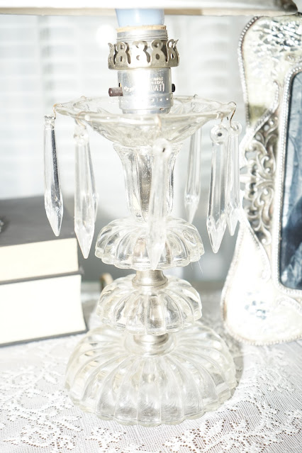 Antique Glass lamp with hanging crystals