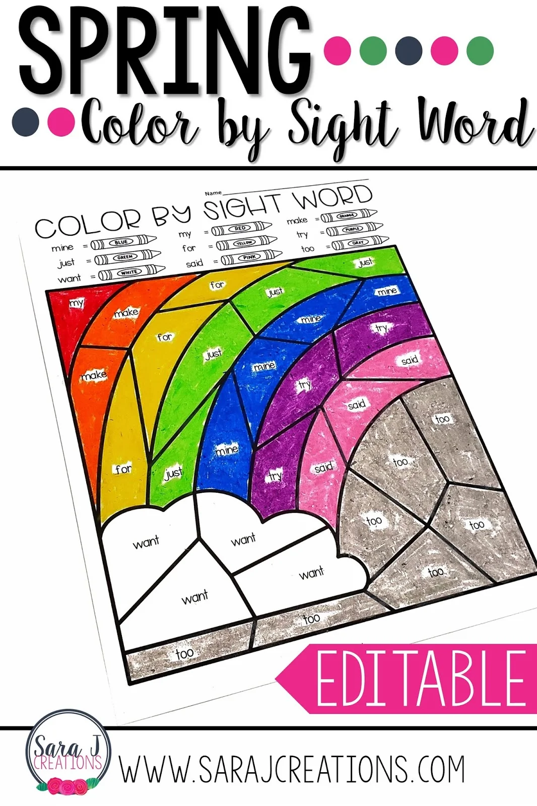 Editable Spring Color by Sight Word pages!!!!  No matter what sight words your students are working on, you can create personalized coloring worksheets in a snap! Make spring, St. Patrick's Day and Easter more fun with these printable color by sight word worksheets.