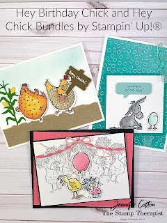 Stampin' Up!'s Hey Birthday Chick Bundle, Hey Chick Bundle, Darling Donkey Sale-A-Bration stamp set, Oh So Ombre Sale-A-Bration designer series paper.  I demonstrated all 3 cards on the video (link on blog) including the masking technique.  Get the Sale-A-Bration items by Feb 28, 2021!!  #StampinUp #StampTherapist #SaleABration #DarlingDonkeys