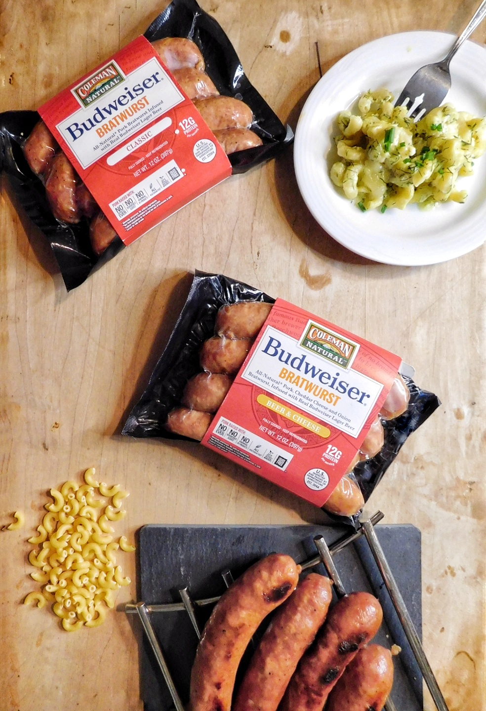 Dill Pickle Macaroni and Cheese with Coleman Natural Budweiser Bratwurst Nik Snacks Nik Snacks