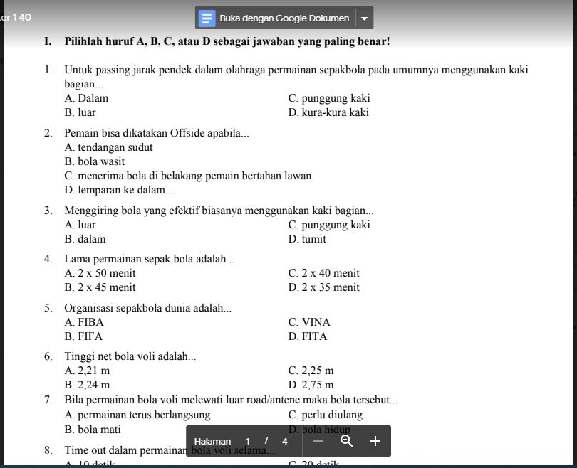 Soal PTS Pendidikan Jasmani Olahraga dan Kesehatan (PJOK) Kelas 7 Sem.1