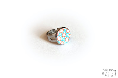 Bague pâte polymère canne géométrique Mica Shift turquoise corail blanc Sculpey Cernit Fimo Stenna