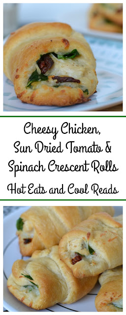 Great served as an appetizer, lunch or side! So delicious and flavorful! Cheesy Chicken, Sun Dried Tomato and Spinach Crescent Rolls Recipe from Hot Eats and Cool Reads
