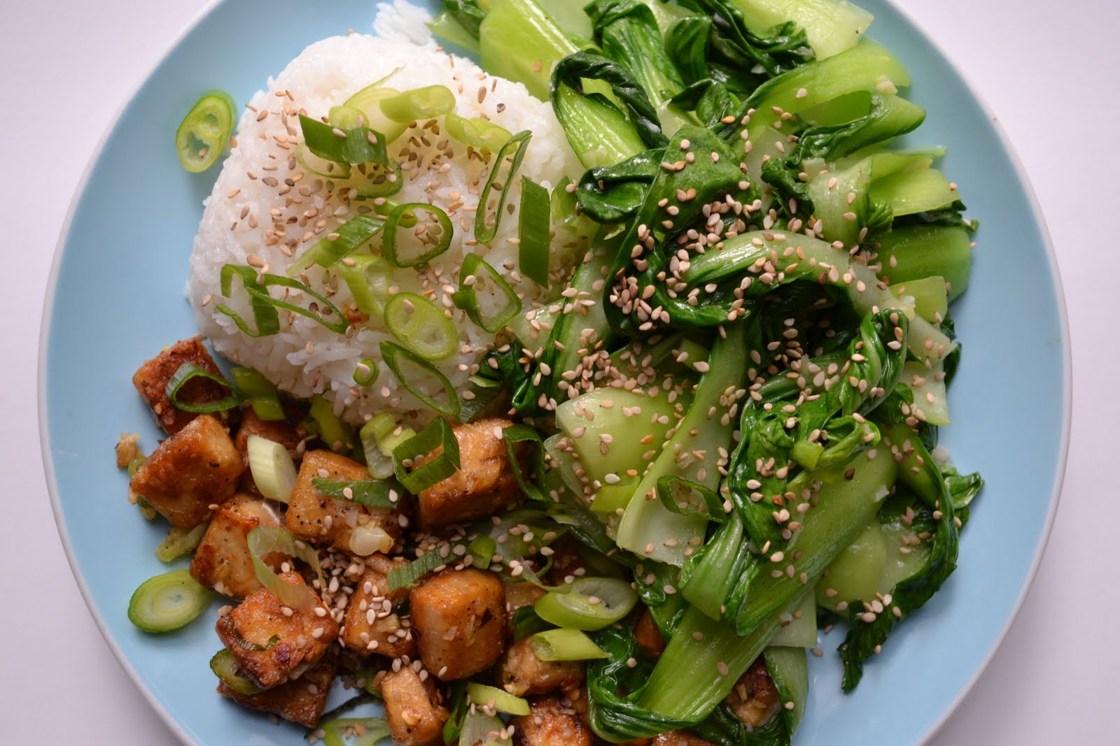 kale and kumquats Salt and Pepper Tofu, Baby Bok Choy and Jasmine Rice
