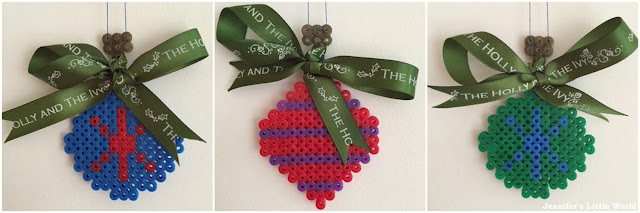 Hama bead and ribbon Christmas ornaments