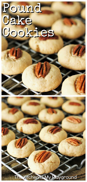 Pound Cake Cookies ~ Enjoy the tender texture & flavor of cream cheese pound cake in bite-sized form with these tasty little cookies. Have them year-round, or make them the hit of your Christmas cookie exchange! #cookies #cookierecipes #Christmascookies #poundcakecookies www.thekitchenismyplayground.com