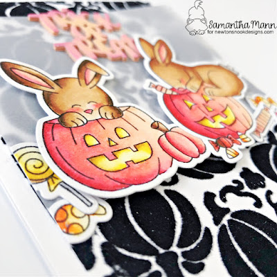 Trick or Treat Bunnies Card by Samantha Mann for Newton's Nook Designs, Halloween, Cards, Card Making, Stencil, Flock, Transfer Duo Gel, Deco Foil, Bunnies, #newtonsnook #newtonsnookdesigns #halloween #halloweencard #cardmaking #flock #decofoil #stencil #pumpkinpatch