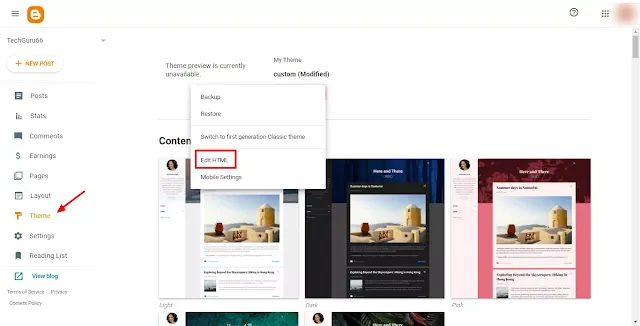 This image shows How to make Table of Contents / Add table of contents Step 1:- Firstly, you have to login to your blog where you want to add your Table of content (TOC). Then, click on the theme option and click on edit HTML like as shown in image.