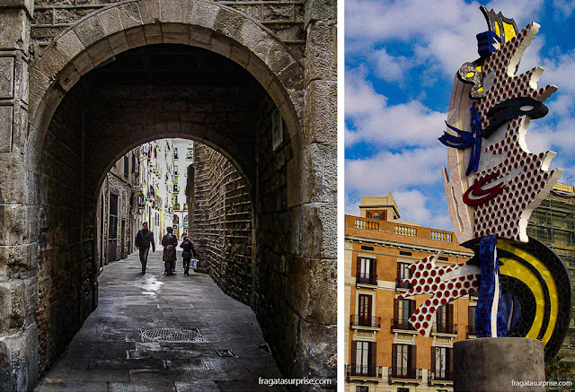 Barcelona: rua do Bairro Gótico e escultura de Roy Lichtenstein na Barceloneta