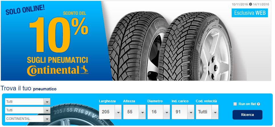 Pneumatici Continental scontati del 10% fino al 14 novembre