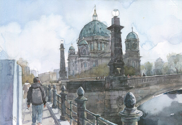 Watercolor painting of Berlin Chatedral at the Background.  I our foreground we see the river and the bridge, close of the Museum Island.  It was a cloudy day.   illustration-artist-Leonardo Rodríguez-watercolor