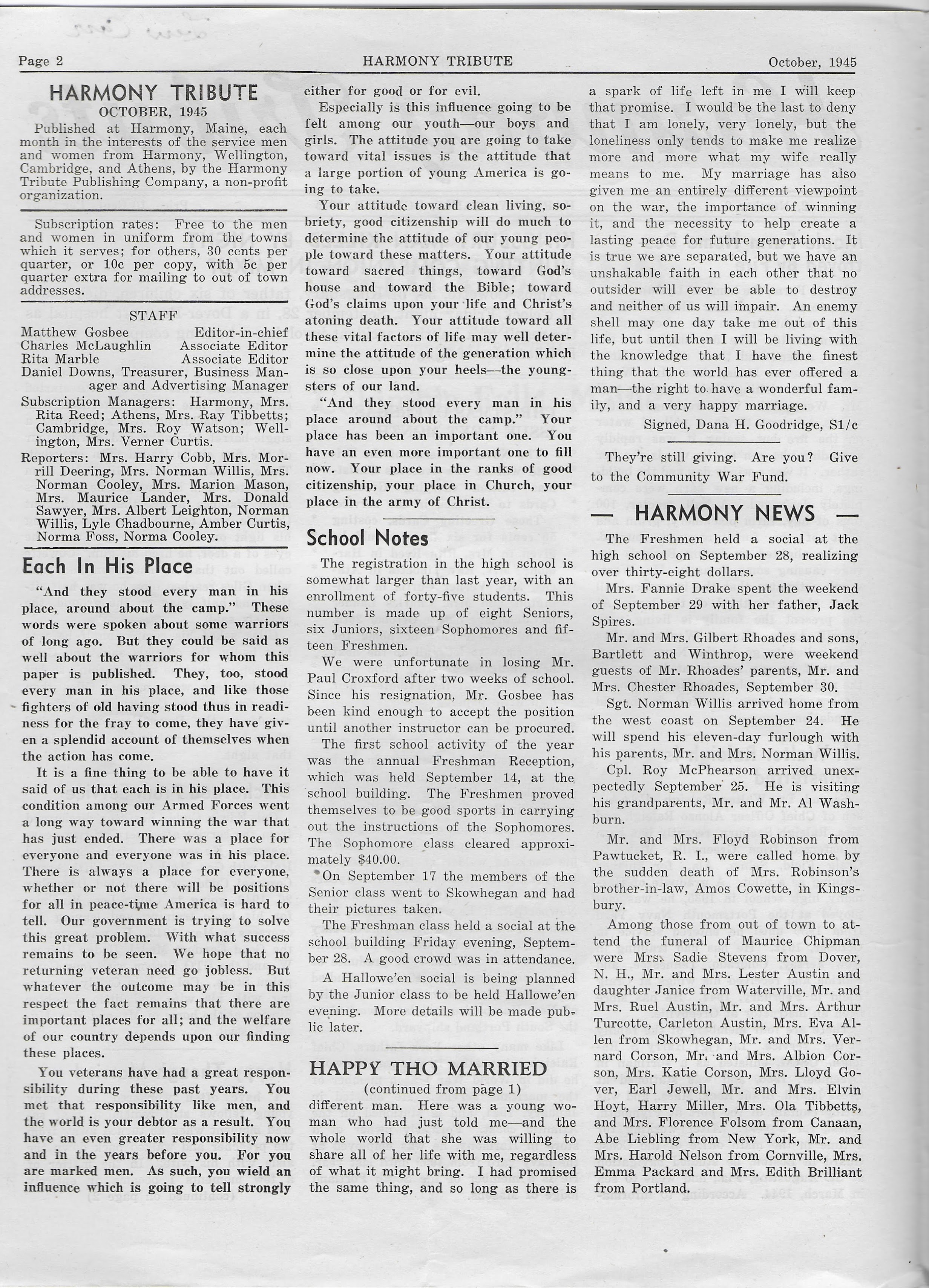 Heirlooms Reunited October 1945 Issue of the Harmony Tribute of