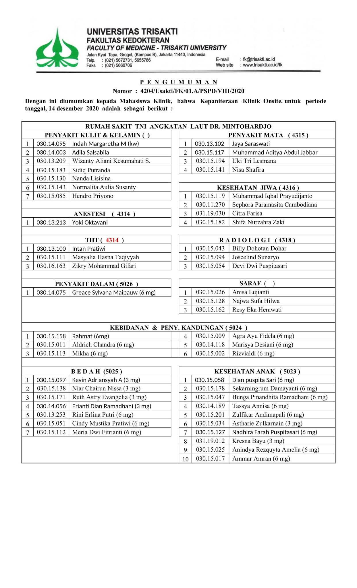 Psppd Fk Usakti Pengumuman Onsite Kepaniteraan Klinik Periode 14 Desember 2020 Update 8 12 20