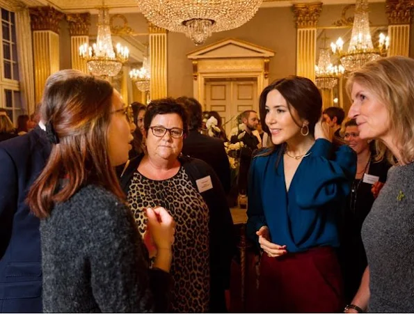 Crown Princess Mary wore Prada blouse, Prada trouser, Dulong Fine Jewelry, Marianne Dulong Aqua earrings