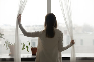 Rear view of a woman holding back sheer curtains and looking out a window. There are potted plants on the windowsill.