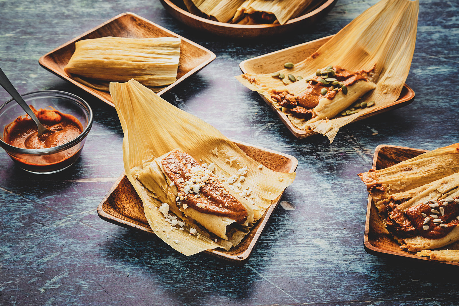 Tamales Empipianados (Tamales with a Red Spiced Sunflower Seed and