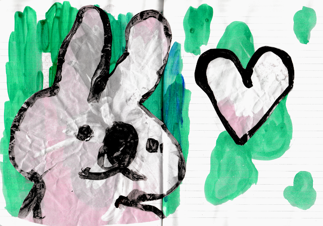 A painting of a bunny and a heart on top of green paintstrokes.