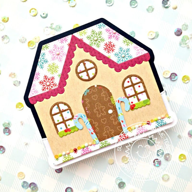 Sunny Studio Stamps: Gingerbread House Dies Woodland Borders Christmas House Shaped Card by Franci Vignoli