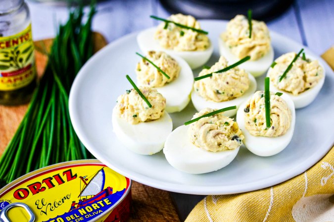Deviled Eggs with Tuna, Capers, and Chives