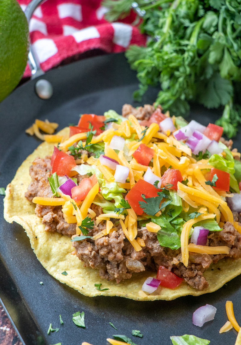 15 Minute Ground Beef and Refried Bean Tostadas Recipe