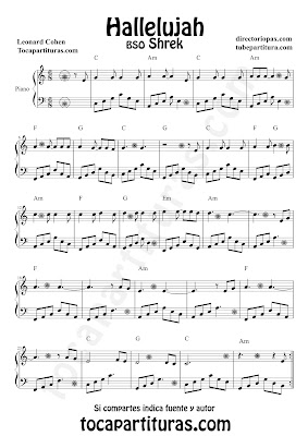 Hallelujah Partitura de Piano de Leonard Cohen Partitura de Aleluya de la BSO de Shrek de Rufus Wainwright