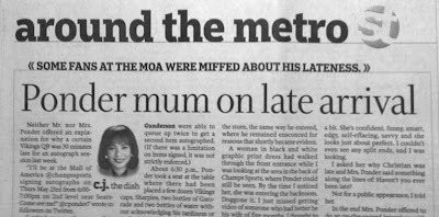 Headline over story reads Ponder mum on late arrival