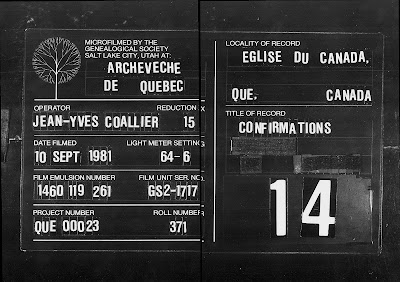 "Canada, Québec, registres paroissiaux catholiques, 1621-1979," database with images, FamilySearch (https://familysearch.org/ark:/61903/3:1:3QS7-L99W-6DG9 : 16 July 2014), Localités multiples > Localités multiples > Baptêmes, mariages, sépultures 1662-1848 > image 1545 of 1689; microfilm title card for Confirmations, Eglise du Canada; Archives Nationales du Quebec (National Archives of Quebec), Montreal.
