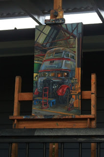 Oil painting of doubledecker bus in the Sydney Bus Museum by industrial heritage artist Jane Bennett