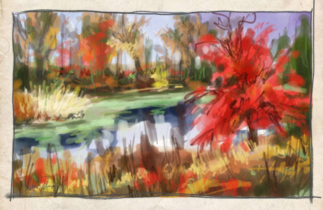 Autumn colors digital watercolor landscape painting by Mikko Tyllinen