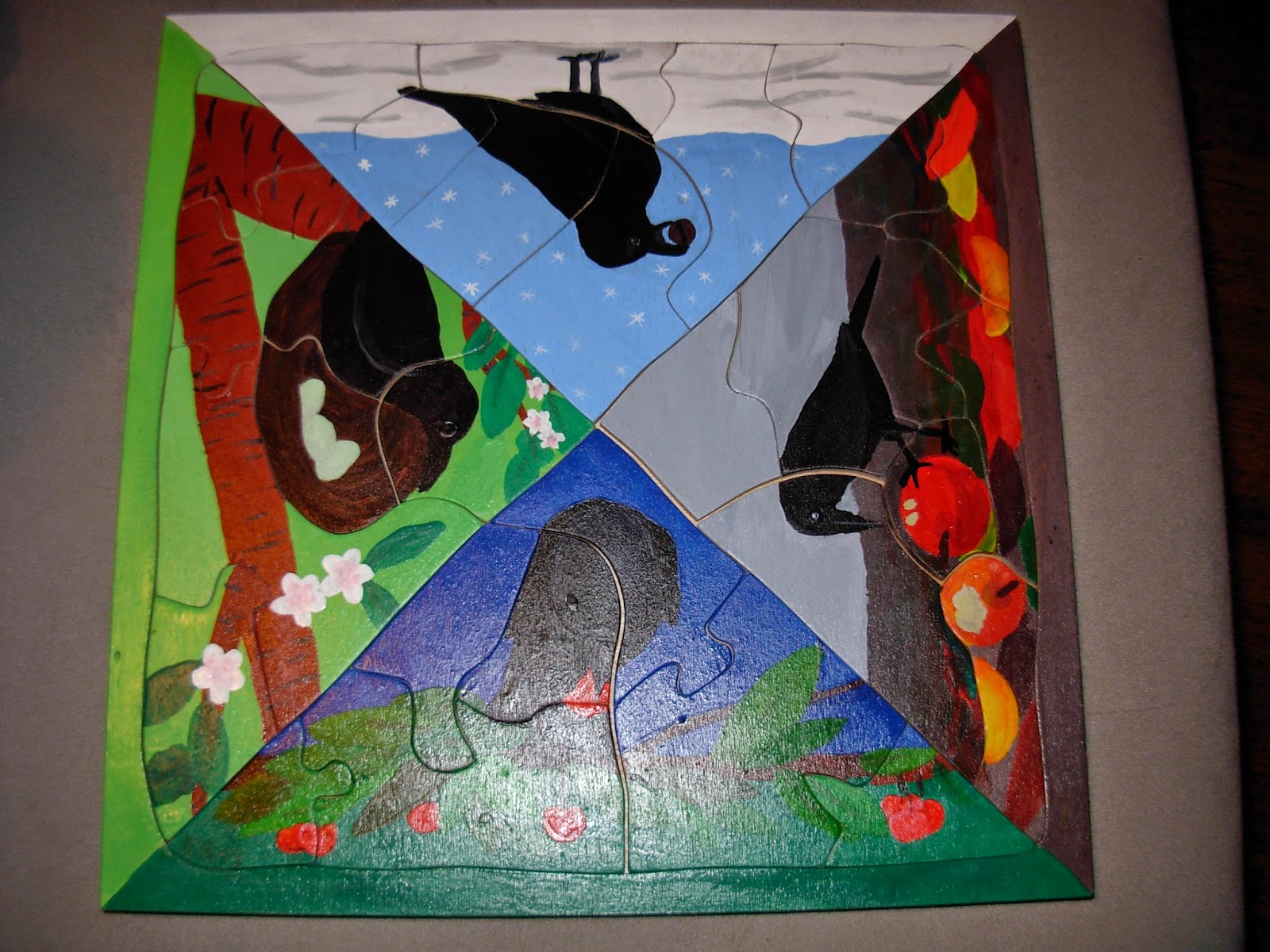 Märlimuus: Holzpuzzle Krähen in vier Jahreszeiten